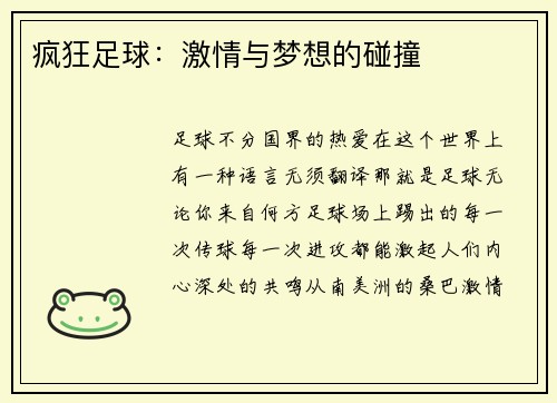 疯狂足球：激情与梦想的碰撞