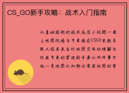 CS_GO新手攻略：战术入门指南