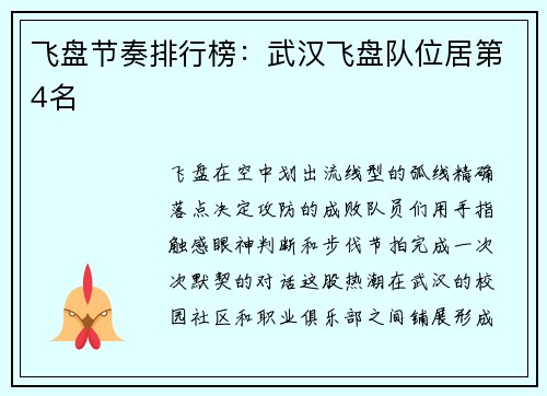 飞盘节奏排行榜：武汉飞盘队位居第4名